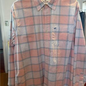 Hollister Men's Casual Pink and Blue Check Shirt